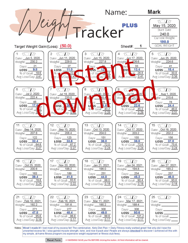 Weight Loss Tracker PLUS PDF Fillable Form  Weight Tracker Plus Print -  Get Fit Toolbox