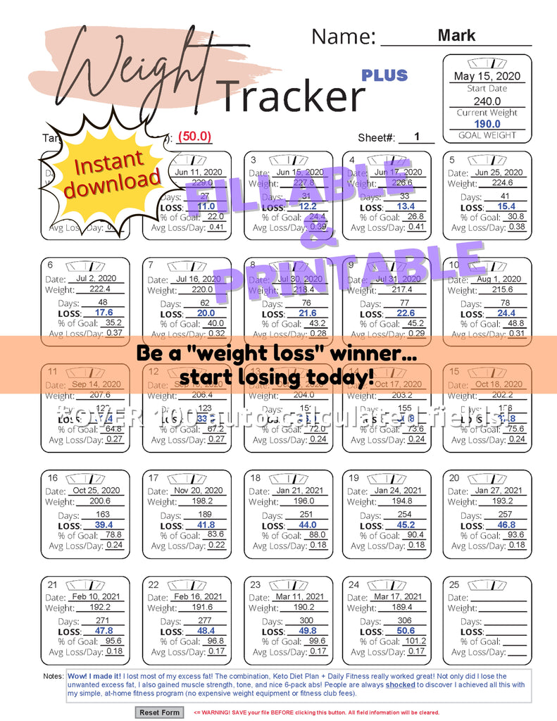 Weight Loss Tracker PLUS PDF Fillable Form  Weight Tracker Plus Print -  Get Fit Toolbox